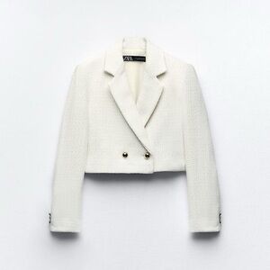 Zara cropped tweed blazer in white with gold button